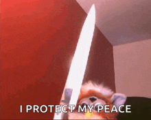 a furby holding a large knife with the words " i protect my peace " above it