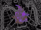 a black and white drawing of a person with a purple face