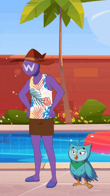 a man and an owl standing next to a swimming pool