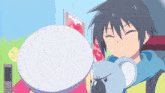 a boy holding a stuffed animal with a valentine 's day sign in the background