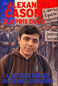 a poster for alexandre cason shows a man holding a sign that says " justice social "