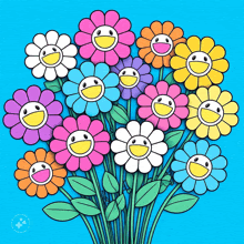 a bunch of flowers with smiley faces on them are on a blue background