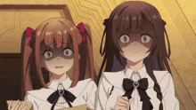 two anime girls are standing next to each other and one of them has a bow tie