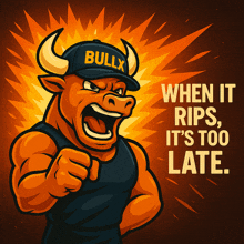 a bull wearing a cap that says bullx points at the viewer