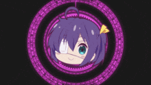 a girl with purple hair is surrounded by a purple circle that says ' i ' on it