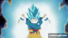 a cartoon character with blue hair is flying through the air in a gif .