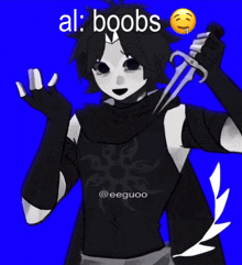 a black and white drawing of a person holding a pair of scissors with the caption " al boobs "