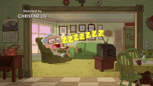 a cartoon of an old man sitting in a chair with the words directed by christine liu above him