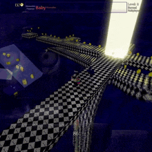 a screenshot of a video game shows a person standing in a checkered room