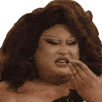 a close up of a drag queen covering her mouth