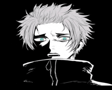 a black and white drawing of a man with white hair and green eyes