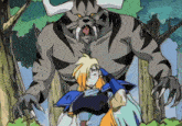 a cartoon drawing of a man standing next to a monster