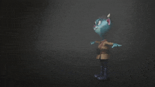 a cartoon character with horns and a crown on his head stands with his arms outstretched