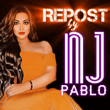 a woman is sitting in front of a sign that says repost by nj