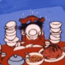 a cartoon character is sitting at a table with a stack of plates and bowls on it .