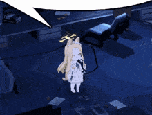 a girl in a white dress is singing into a microphone in a dark room