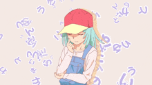 a girl wearing overalls and a red hat is surrounded by chinese writing