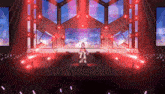 a girl is standing on a stage with red lights behind her .
