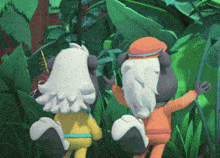a couple of cartoon characters are standing in a jungle