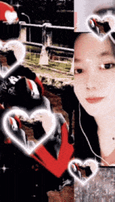 a woman wearing headphones is surrounded by hearts with the letter v in the middle