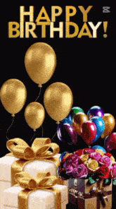 a happy birthday card with balloons and presents on a black background