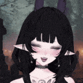 a girl with black hair and purple horns has a tattoo on her neck