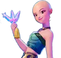 a woman with a bald head is holding a flower