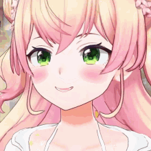 a close up of a girl with pink hair and green eyes smiling