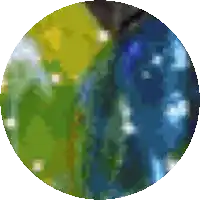 a pixelated image of a green and blue circle with trees in the background