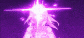 a girl with purple hair is holding a sword in her hand and a purple light is coming out of her head .