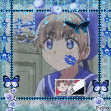a picture of a girl with butterflies and a stamp that says picmix on the bottom