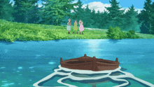three girls are standing on the shore of a lake and looking at a boat in the water