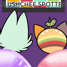 a cartoon drawing of a cat and a hamburger with the words slushchee spotted below them