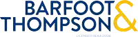 a blue and yellow logo for barfoot & thompson licensed reaa 2008