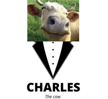 a picture of a cow wearing a tuxedo and the words charles the cow