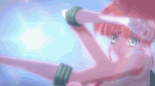 a girl with pink hair and green eyes is holding a green object