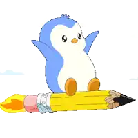 a penguin is sitting on top of a yellow pencil with flames coming out of it