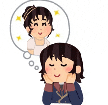 a cartoon of a girl with her eyes closed thinking about a woman