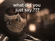 a skeleton wearing a mask with the words what did you just say on it