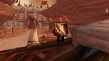 a video game character is holding a sword with a fire icon on it