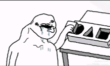 a black and white drawing of a cartoon character holding a tray of food .