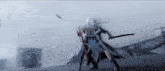 a man and a woman are fighting with swords in a foggy room .