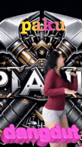 a woman is dancing in front of a sign that says " paku "