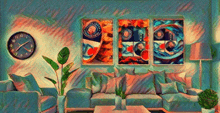 a painting of a living room with a couch and a clock that shows the time as 4:20