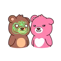 a brown teddy bear and a pink teddy bear are standing next to each other on a white background