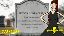 a cartoon of a woman standing in front of a gravestone that says always remembered emi shinohara