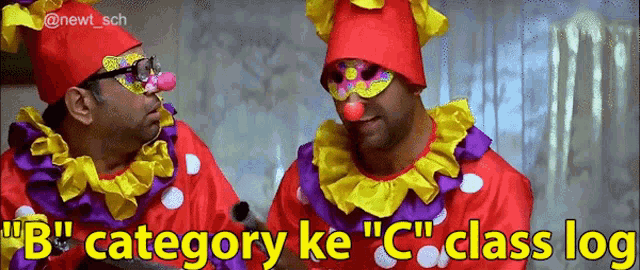 two clowns are standing next to each other with the words 