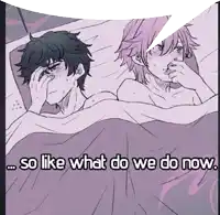 a cartoon of a man and a woman in bed with the words so like what do we do now