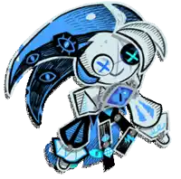a drawing of a cartoon character with blue eyes and a cross on his face