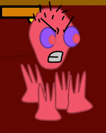 a cartoon drawing of a red monster with purple eyes and arms